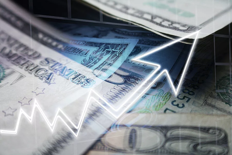 Money with an arrow pointing up.