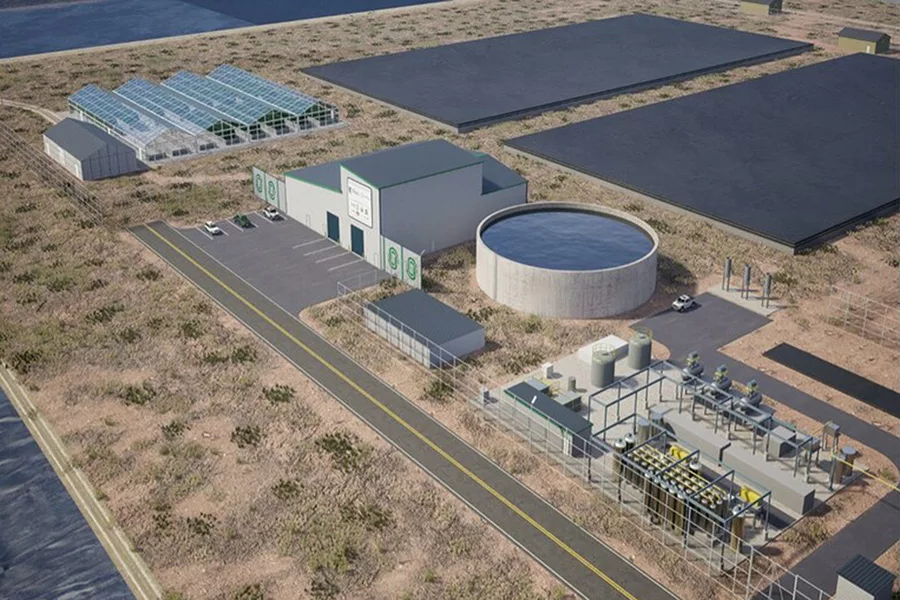 An above render of the water reuse facility. There is a large vat of water and several buildings.