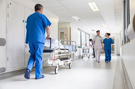 The interior of a hospital.