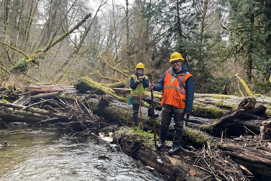 Two people standing in a forest near a stream.