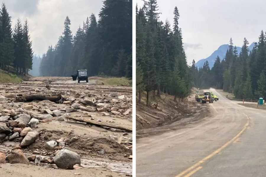 Two images, the left being a highway filled with debris, and the right being clear.