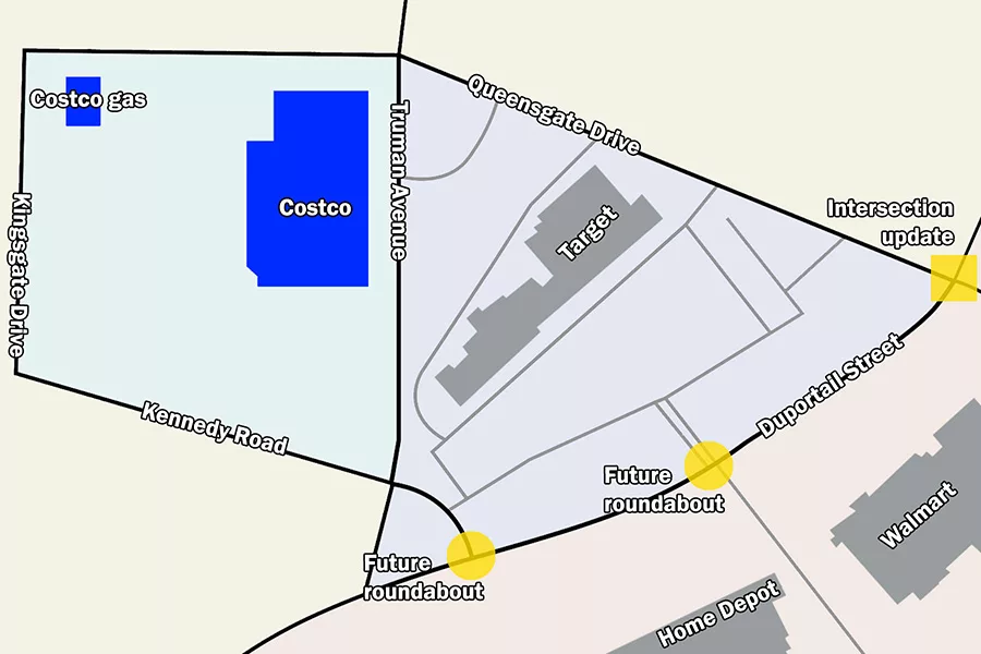 A map showing the location of the new Costco along with two future roundabouts and an intersection change.