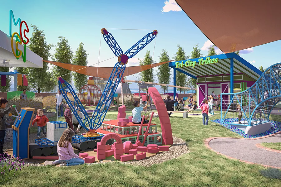 A rendering of the exterior of the children's museum with tricycles and a model crane.