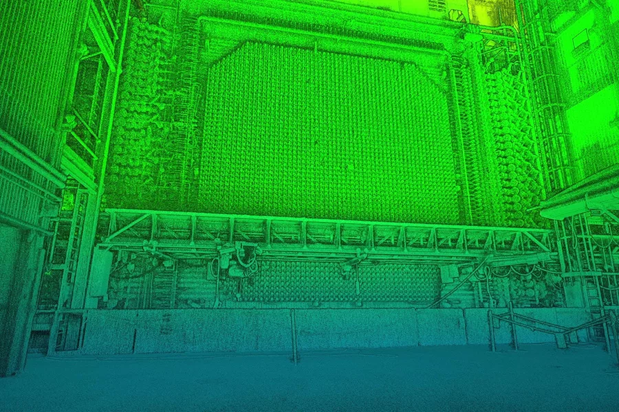 A lidar scan of the reactor colored blue and green.