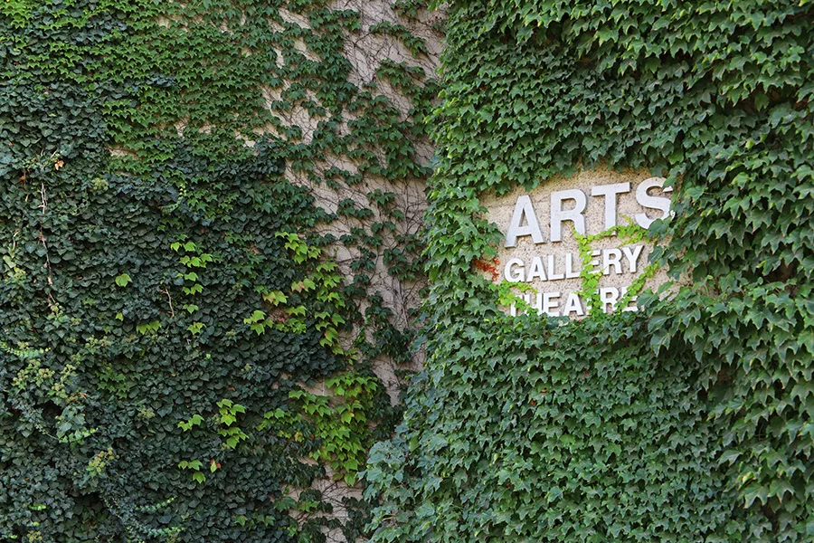 A vine-covered wall with a sign that says, "Art Gallery Theatre".