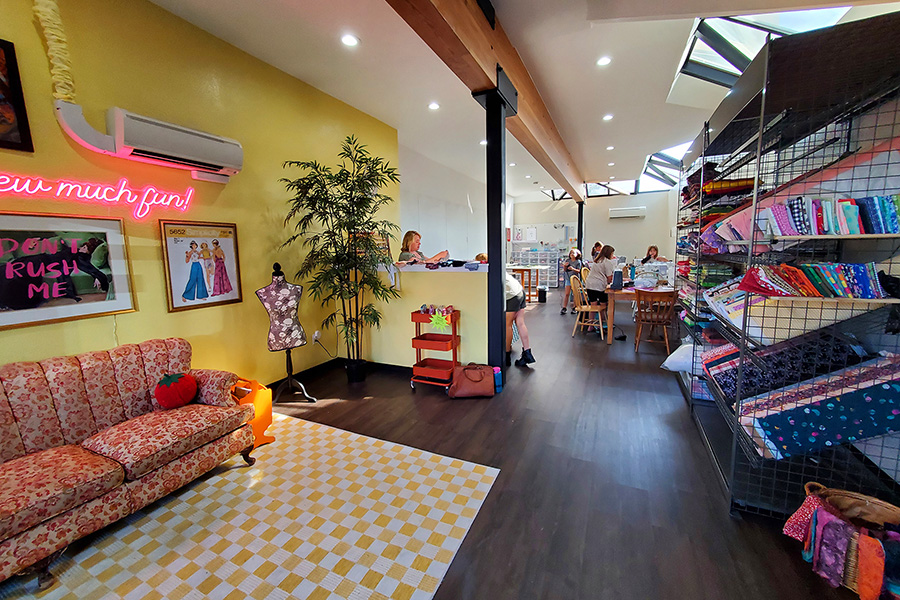 A yellow room with unique patterns and decor.