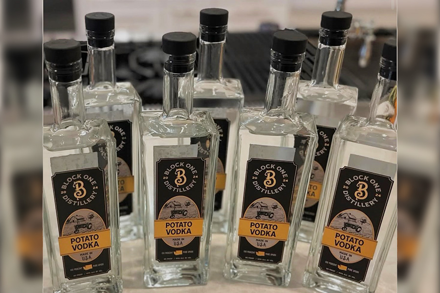 Rectangular bottles of potato vodka.