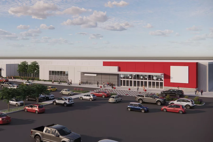 A large red and white retail building.