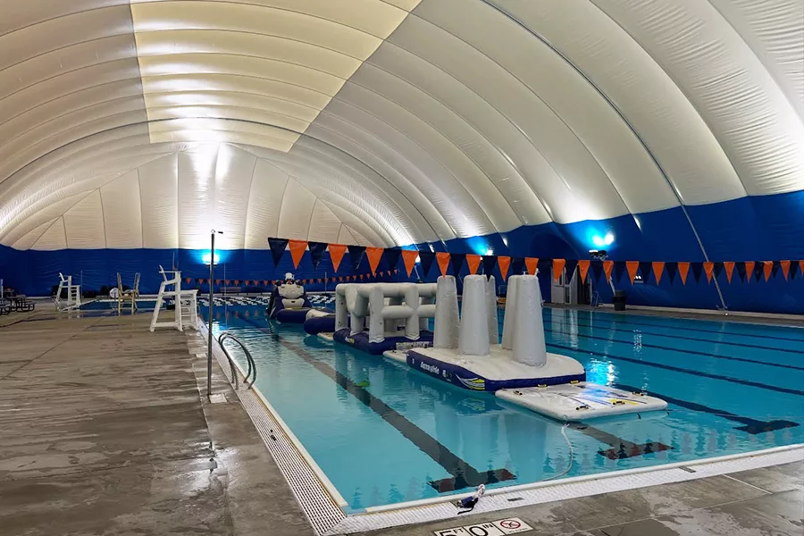 Under the inflatable dome of Memorial pool.