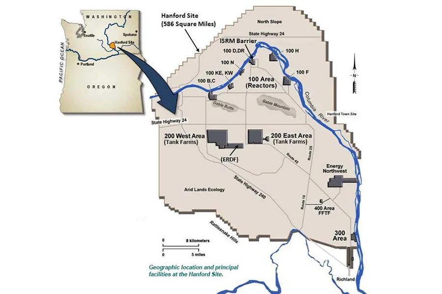 A map showing the principal sites at Hanford.