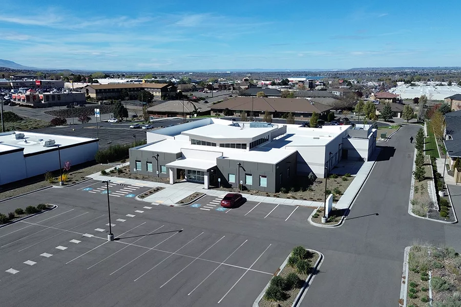 An areal shot of an empty building.