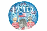 A drawn sticker with people holding American flags.