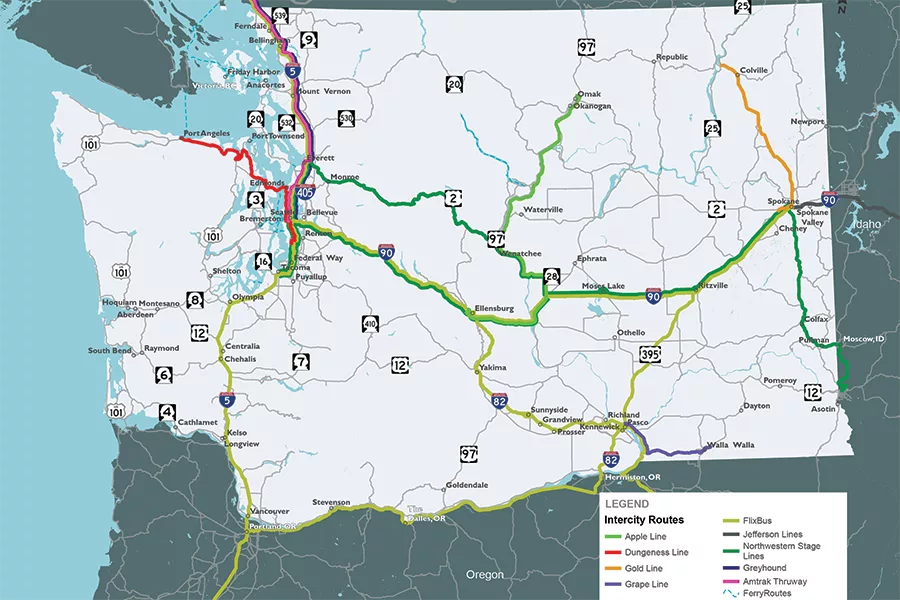 A map of Washington with routes