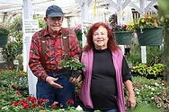 Two people standing in a greenhouse.
