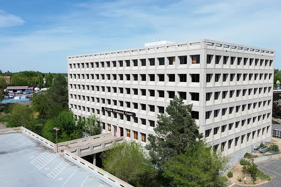 Exterior of a big empty office building.