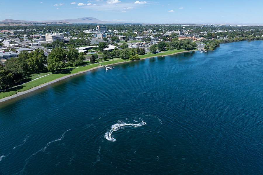 An aerial view of someone on a jetski.