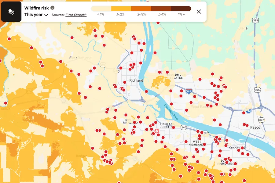 A map of the Tri-Cities highlighting fire-risk zones.