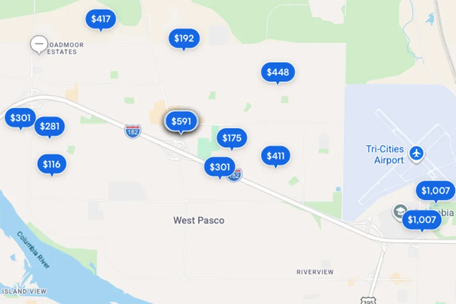 A map of Vrbo rentals in Pasco.