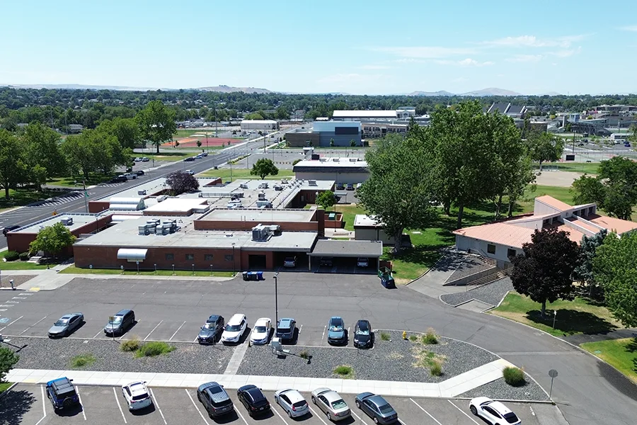 An aerial view of the current city hall along with the museum off to the right.