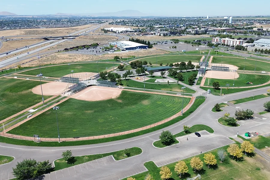 An aerial view of baseball fields in Pasco.