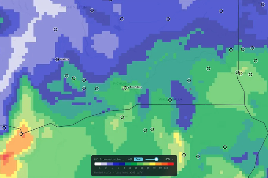 A colorful map of smoke around the Tri-Cities.
