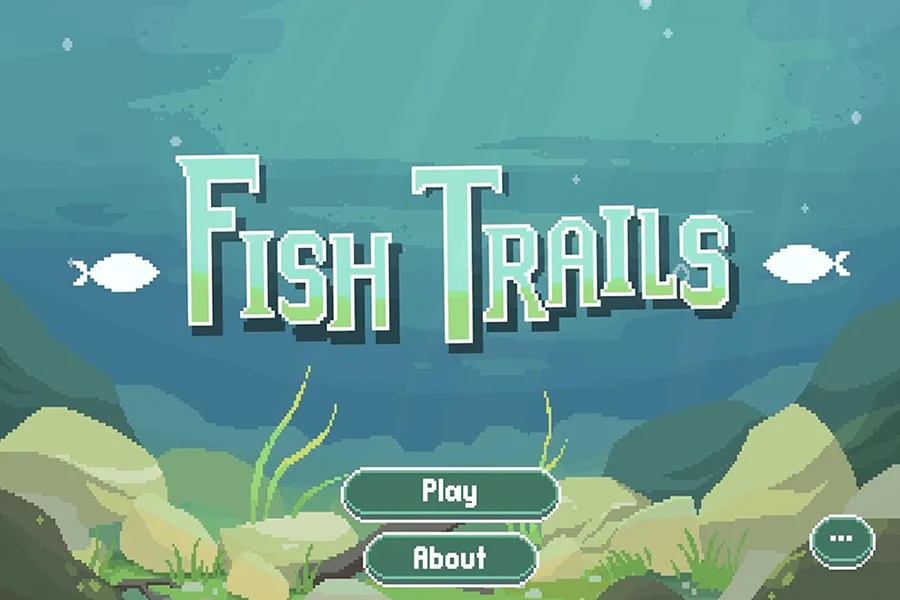 The title screen of a game titled, Fish Trails.
