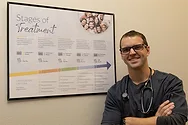A man next to a sign that reads, "stages of treatment".