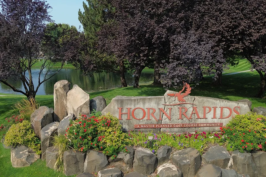 A view of a sign that reads, "Horn Rapids".