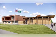 A rendering of a wood and brick building.