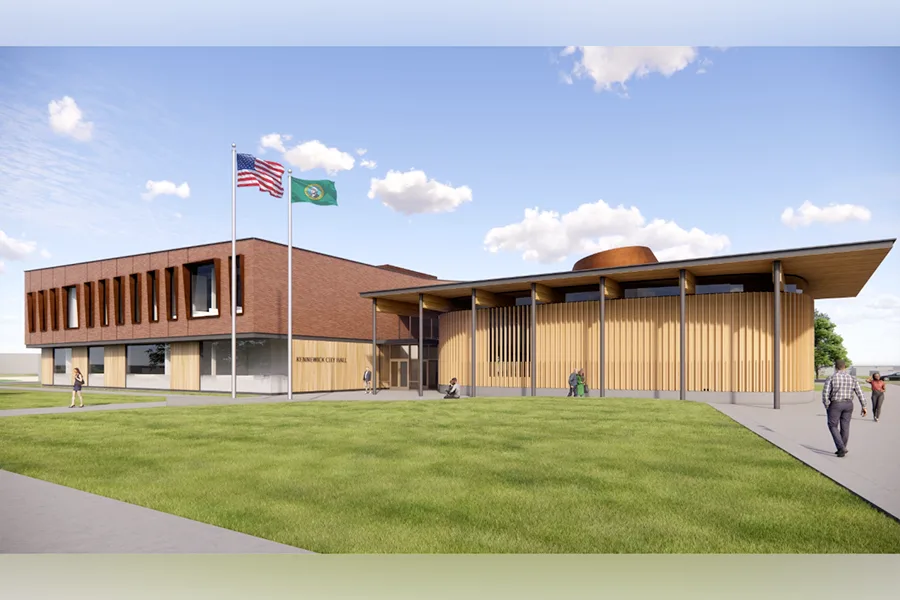 A rendering of a wood and brick building.