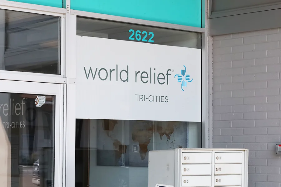 A sign that reads "world relief".
