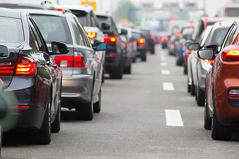 Cars in a traffic jam.