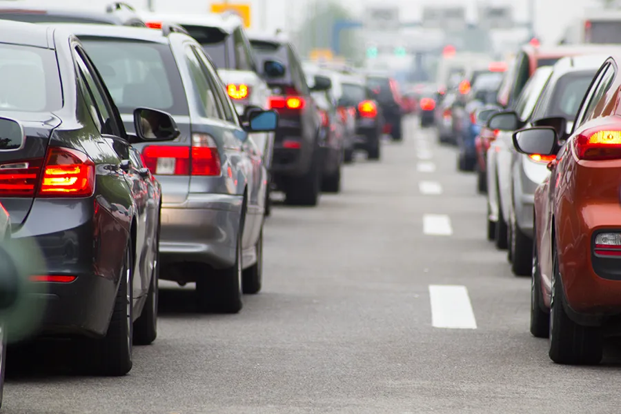Cars in a traffic jam.