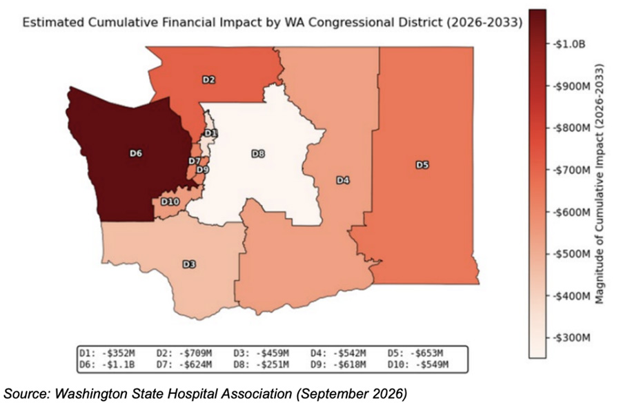 A map showing the most impacted districts in Washington State.