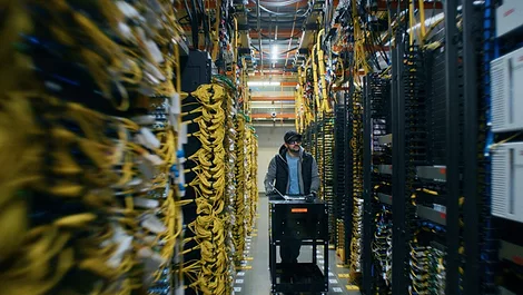 Interior of a datacenter with thousands of wires.