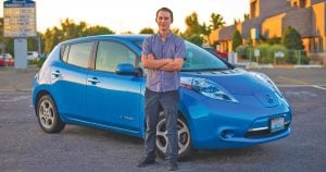 Ethan Schatz commutes to work from Benton City to Richland in his Nissan Leaf and doesn’t spend a dime on gas. He gets about 80 miles per charge after using the charging station at Columbia Point in Richland. He said the money he saves on gas is equal to a car payment.  (Courtesy Marcus McCoy)