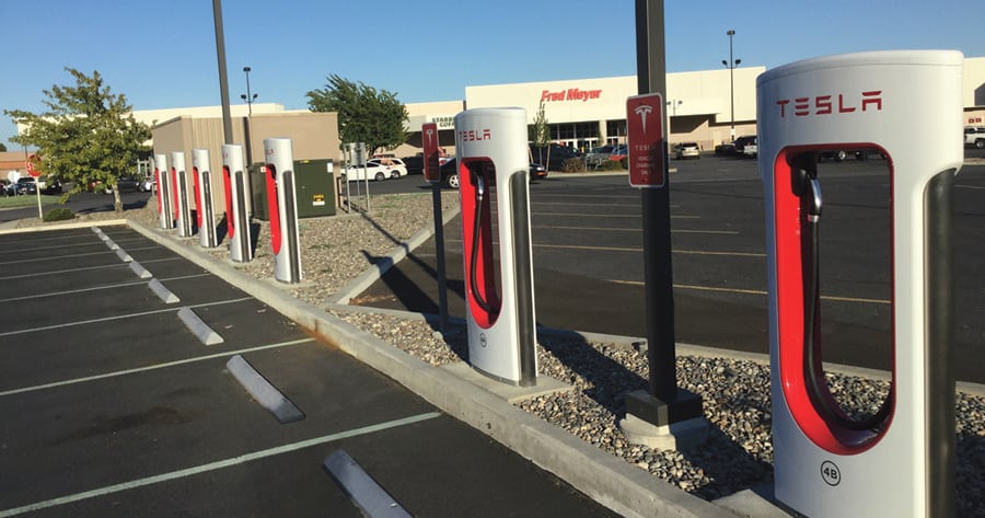 Tesla Motors has eight electric car-charging stations available for customers at the Kennewick Fred Meyer store.