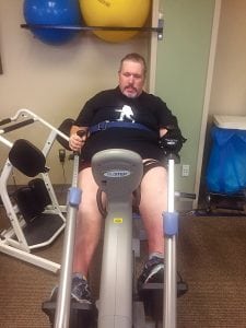 Andy Perdue, 52, of Richland, works on his leg muscles at Kadlec Regional Medical Center’s In-Patient Rehabilitation center two weeks after suffering a stroke. 