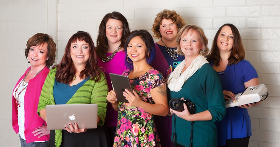 The WinSome staff includes, back row, from left, Cara Thomas, Lynette Fransen, owner Jane Winslow and Alysha McManus, and front row, from left, Amy Andrus, Vanessa Guzman and Dani Smart. The full-service brand development and marketing firm recently added grant writing and administration to its services, made possible through the company’s move to a new office at 1201 Jadwin Ave. in Richland. (Courtesy WinSome Design)