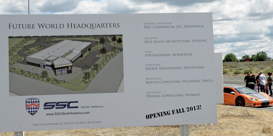 SSC North America’s plans to build a manufacturing center, showroom and museum in West Richland continues to move ahead despite a change in property ownership. Company and city officials broke ground on the project in 2013. (File photo)