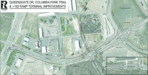 A Richland map shows the locations of two roundabouts on Queensgate Drive at Columbia Park Trail and the Interstate 182 ramps. The four-month construction project kicks off in March. (Courtesy city of Richland)