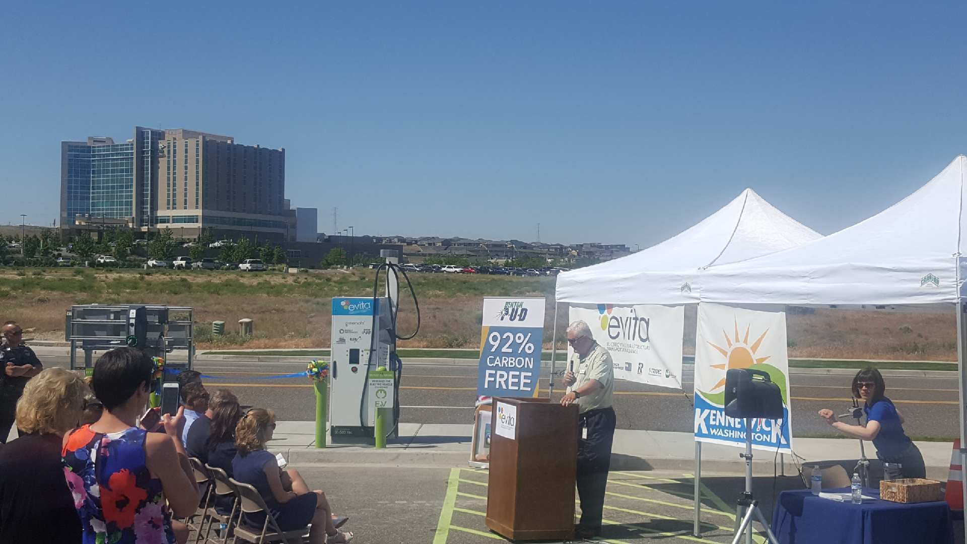 Energy officials celebrated the installation of the first electric vehicle DC fast charging station at a ribbon-cutting event on May 15 at the Southridge Sport Complex, 2901 Southridge Blvd., Kennewick.