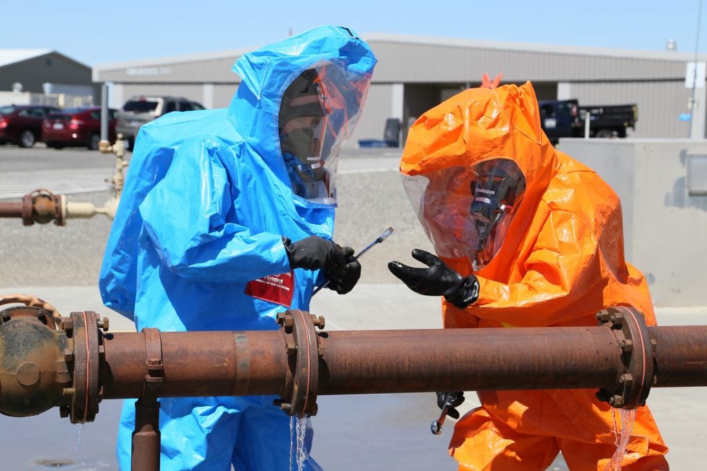Students at HAMMER use the above ground pipeline training prop during a simulated leak. (Courtesy MSA)