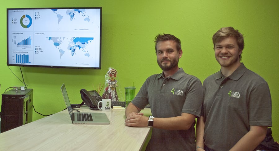 SIGN Fracture Care software developer Josh Short, left, and intern Matt Moen worked together this summer to bring online a user-friendly application to enable SIGN employees to more easily mine the Richland company’s extensive fracture case database to better analyze data and trends.