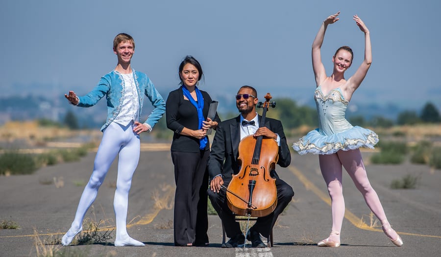 Dancers and musicians like Jackson Martin, from left, Kyung-Ah Park, Bruce Walker and Cecilia Roddy look forward to the day when the Vista Arts Center opens in Kennewick. The 800-seat performing arts center will be at the Port of Kennewick’s Vista Field development. (Photo: Scott Butner Photography)