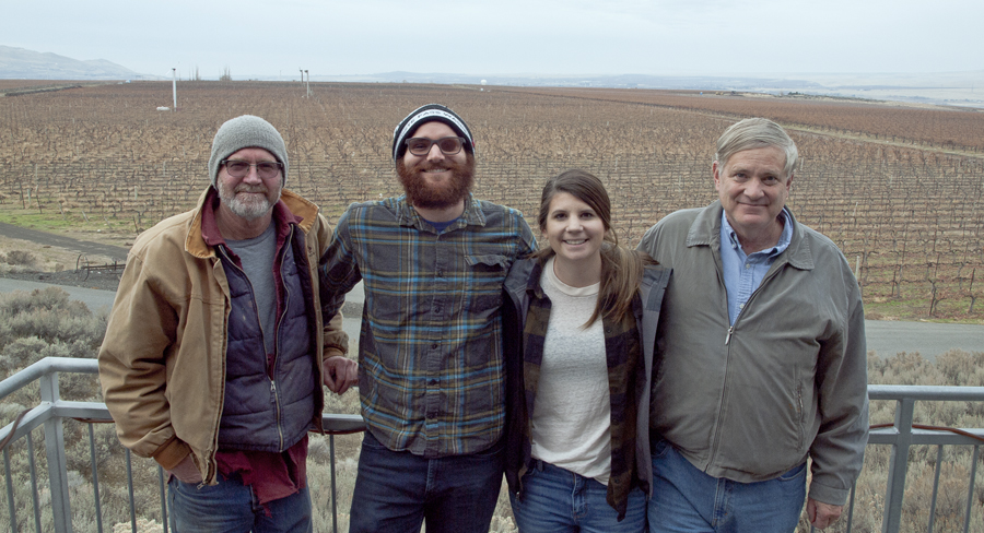 After 40 years of grape production and winemaking on Red Mountain, the two wineries that started it all are collaborating on a limited-edition Cabernet Sauvignon to celebrate their anniversary. Kiona Vineyards and Winery and Barnard Griffin will donate all proceeds from the wine’s sales to Second Harvest. Pictured, from left, are: Scott Williams, JJ Williams, Megan Hughes and Rob Griffin.