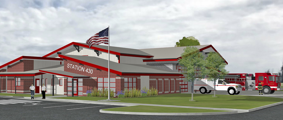 A draft design concept for Benton Fire District 4’s third station could be built in the western part of the 52-square-mile district on land purchased from the Port of Kennewick, if rezoning is successful. (Courtesy Benton Fire District 4)