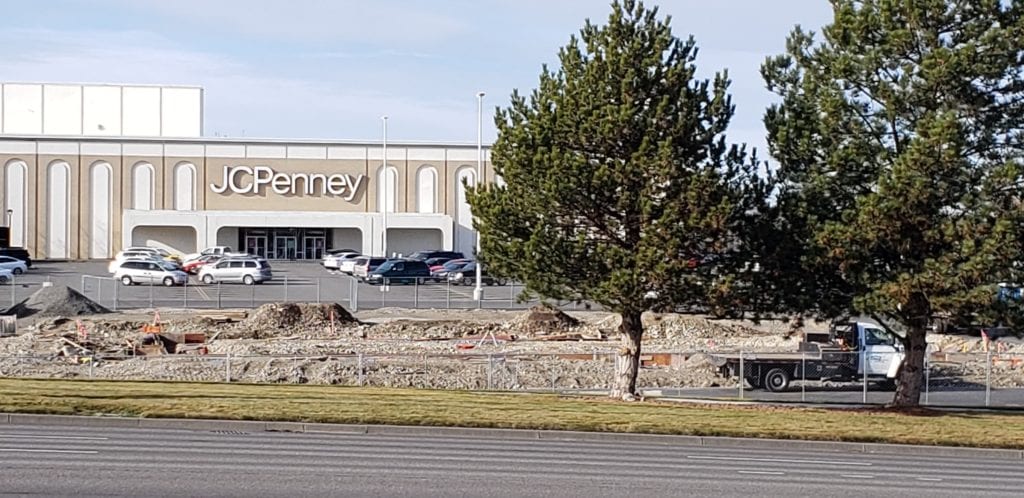 Construction is underway on a 7,363-square-foot building with room for at least one restaurant and a drive-thru in the JCPenney parking lot at Columbia Center mall in Kennewick (Photo by Wendy Culverwell)