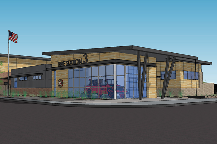 A new 12,570-square-foot fire station is under construction at Kennewick’s Vista Field at 6941 W. Grandridge Blvd., near the Three Rivers Convention campus. The $7 million facility will house six personnel, including firefighter emergency medical technicians and firefighter paramedics, two fire engines and an EMS unit, with room to expand. (Courtesy city of Kennewick)