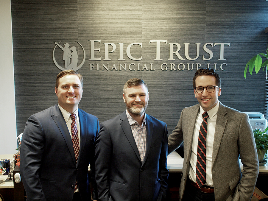 Epic Trust Financial Group has formed after merging local businesses, Epic Trust Investment Advisors, Real Insurance Solutions and Burt Tax & Accounting. Owners Jeffrey P. Lewis, from left, Tyson Reil and Nathan Burt said joining their expertise under one company flag, in one location will add value and simplify financial management for customers. (Photo by Laura Kostad)